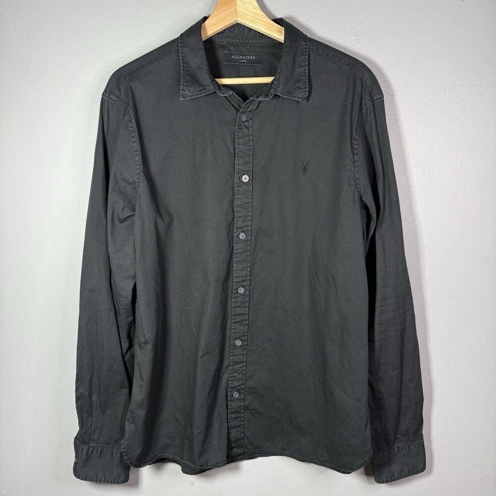 AllSaints Hawthorne Black Long-Sleeve Shirt Mens Size L Ramskull Logo Minimalist